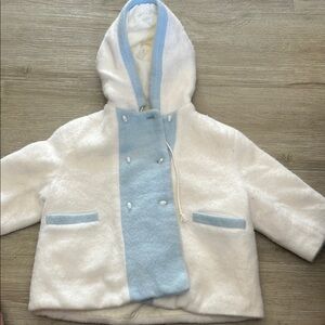 White Fluffy Puffer Jacket with Hood and Light Blue Panel